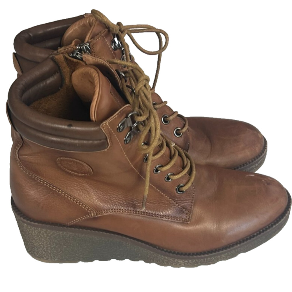 Carmela Boots Women's US 8 EU 39 Brown Leather Wedge Zip Up Lace Up